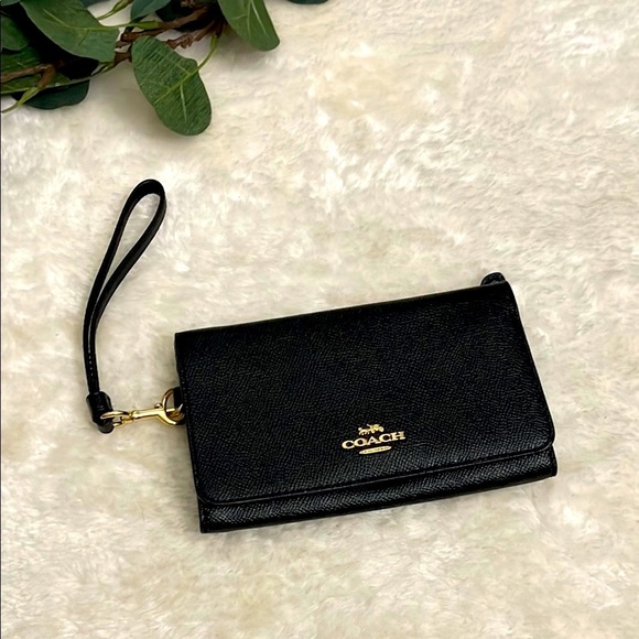 Coach Black Wristlet with Gold Accents Coach Flap Phone Wallet Midnight - Picture 1 of 11